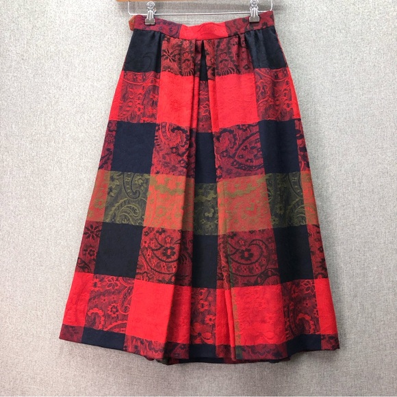 Geiger Vintage Women’s Floral Paisley Pleated Plaid Skirt with Belt Size 36 - Picture 2 of 8